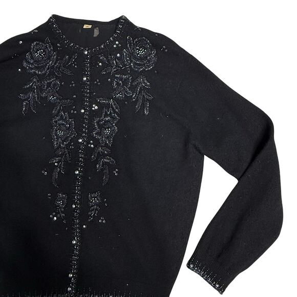Vintage 1980s Wool Cardigan Sweater Women's EU 38 Black Floral Beadwork Evening - Picture 1 of 8